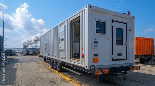 A mobile carbon capture unit is positioned at an industrial site, ready for operations, with other facilities visible in the background.