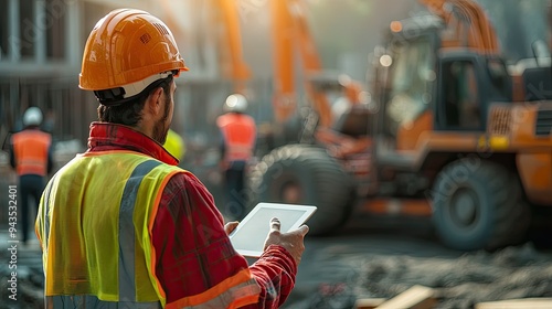 Construction worker with tablet oversees project operations at a busy construction site during daytime.