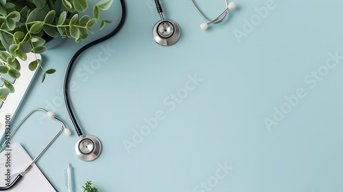 Medical equipment arranged on a light blue background with green accents