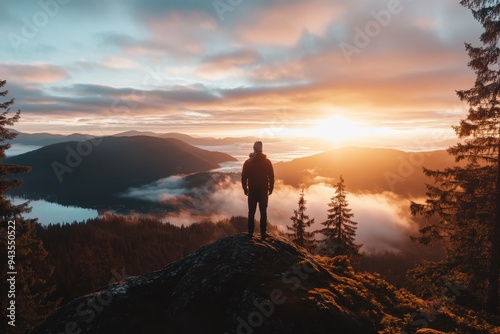 A lone person stands on a mountain peak overlooking a beautiful forested landscape with mist and warm colors of the sunset creating a serene and majestic view.