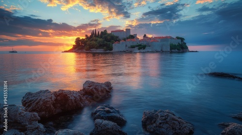 Exotic sundown over the tiny Sveti Stefan islet in Montenegro, Adriatic sea, Europe. A popular European travel destination and a testament to the beauty of our planet.