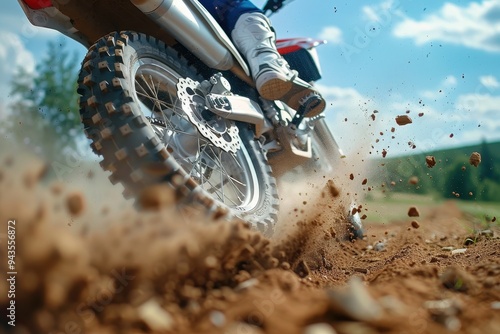 Low-angle shot of a dirt bike speeding on a trail, with the tire kicking up dust and gravel in an outdoor setting.