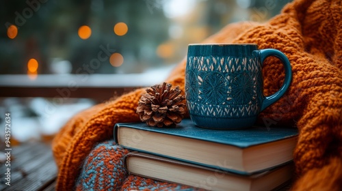 A cozy gathering of books, a mug, and a pinecone on a knitted blanket in a serene winter setting