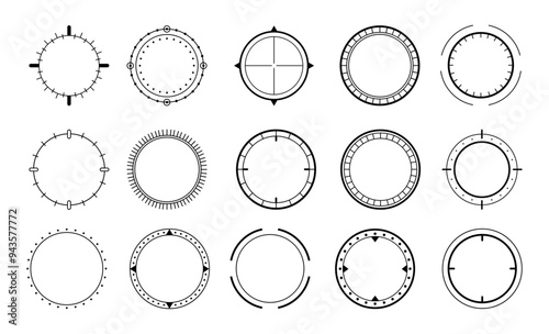 Round decorative border from compass. Vector navigation and direction, nautical and marine instruments, northeast west, meter scale measure. Dial gauge stripes around circle. Circular icon with lines