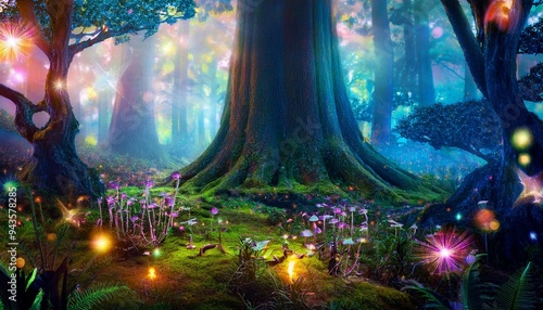 enchanted forest an otherworldly forest landscape with vibrant glowing flora and fauna majestic ancient trees generative ai