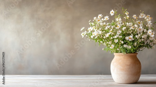 A rustic clay vase with flowers growing in unconventional directions, from the sides and base, creating a unique, whimsical floral display