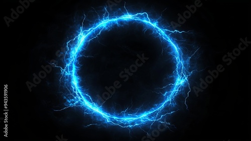 Electric blue thunderbolt in a circle frame on a black background. 3D vector illustration of a lightning storm effect. Perfect for use as a border. 