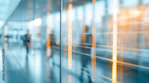 A blurred glass wall of a modern business office building, set in a business center, with abstract reflections creating a contemporary backdrop, emphasizing the sleek design and corporate environment