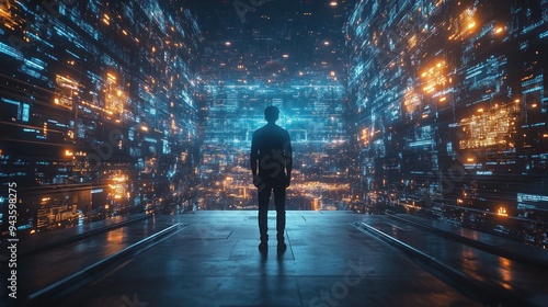 Person silhouetted in data corridor, digital realm theme