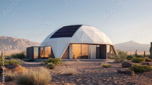 A modern geodesic dome home nestled in a desert landscape under a clear sky, showcasing sustainable architecture and solar panels.