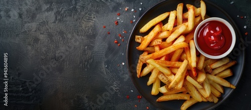 Top down view of homemade American French fries with ketchup on a plate with ample copy space image