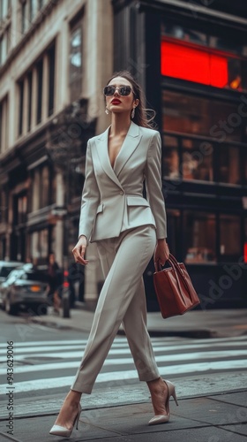 Woman in light grey suit and heels walking in city.