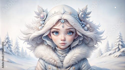 Enchanting snow maiden with ornate headdress in wintry forest scene