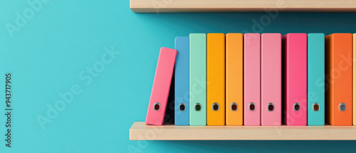 Colorful binders neatly arranged on a wooden shelf against a vibrant turquoise wall, creating an organized and cheerful workspace atmosphere.