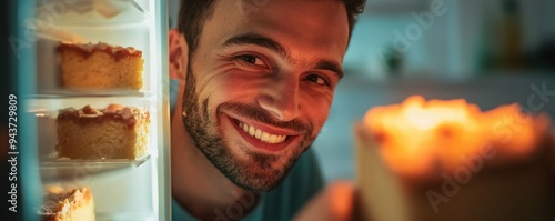 Smiling man sneaking a piece of cake from the refrigerator at night, highlighting a guilty pleasure and midnight snack moment.