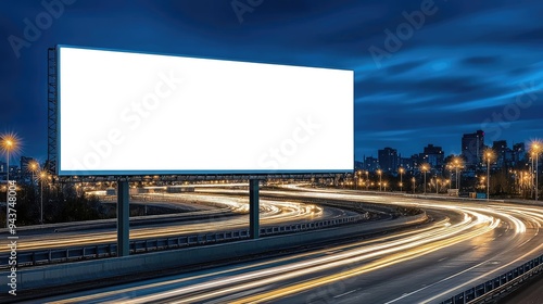 A blank billboard stands prominently beside a busy highway where cars and trucks are in motion, with a cityscape visible against a bright blue sky.