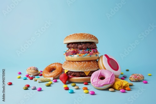 Unhealthy junk food including greasy snacks, sugary treats, and calorie-dense options...