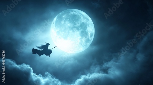 An atmospheric Halloween background with a silhouette of a witch flying against a full moon and a dark sky