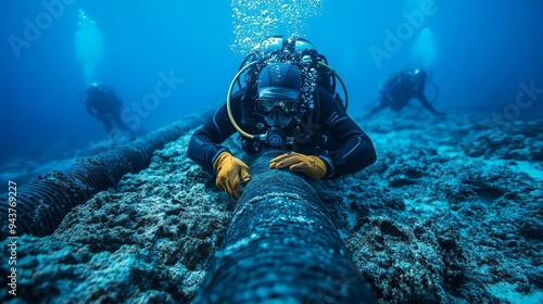 Underwater diver repairing pipeline on ocean floor