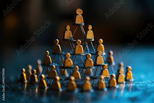 The Golden Hierarchy: A miniature golden pyramid of people represents the complexities of corporate structure and leadership. 