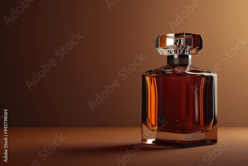 Luxury mens perfume in bottle on brown background with space.