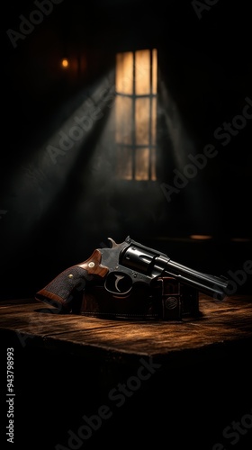 A vintage revolver rests on a wooden table, illuminated by soft beams of light through a window, creating an atmospheric setting.