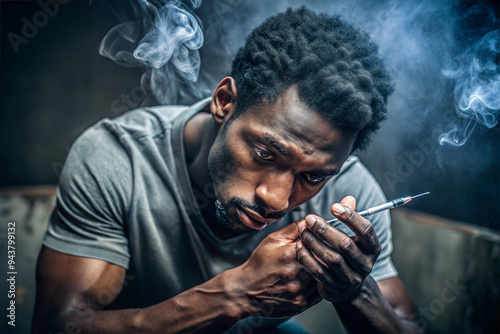 Drug addict black man with syringe using drugs. Dark room inside with smoke, black young guy stressed. He is a drug addiction man. Drugs addict disease concept.