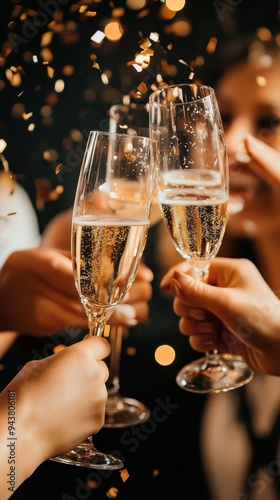 A group of friends raises their glasses of champagne to celebrate New Year's Eve amidst a joyful party atmosphere filled with confetti