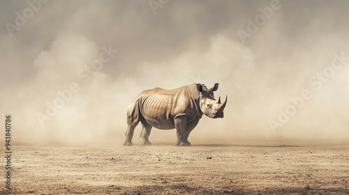 A solitary rhinoceros standing in a dusty plain, its massive form dominating the barren landscape around it.