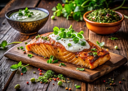 Golden-hued tandoori spiced salmon fillet, served with creamy cilantro-lime raita, garnished with toasted cumin seeds and microgreens, against a rustic wooden backdrop.