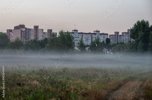 A soft summer morning mist drapes the fields near the city at the end of August, weaving through the golden grasses and whispering the promise of a new day