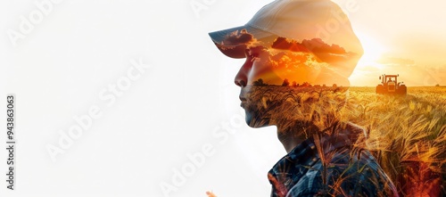 Double exposure image depicts an agronomist in a field with a tractor and a sunset superimposed on his face