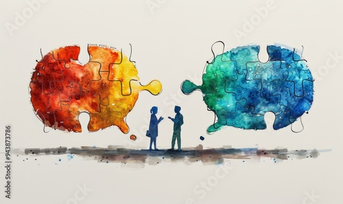 Two business professionals engage in a constructive conversation, represented by colorful jigsaw puzzles. The watercolor style captures the essence of teamwork and cooperation to solve challenges