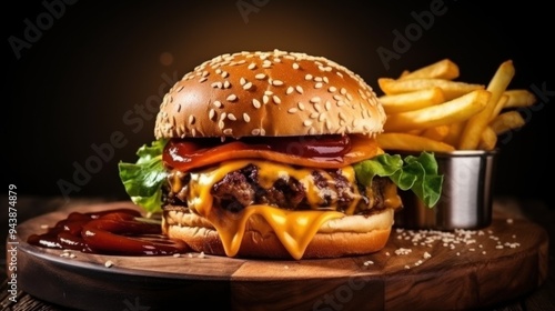 Delicious burger with fries on wooden table