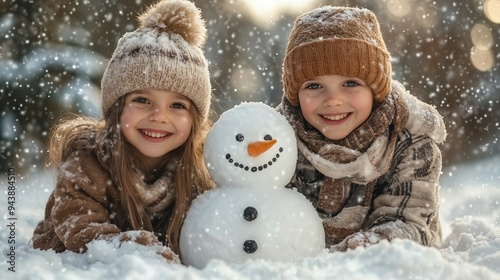 Two children are engaged in making a snowman on a sunny winter day.