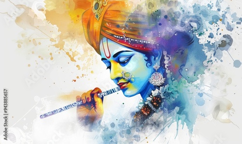 In this striking digital artwork, Nandlala Lord Krishna is depicted in a serene moment, gracefully playing his flute. The flowing watercolor style highlights his divine charm and elegance