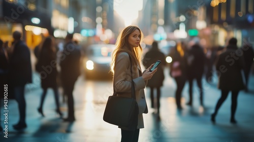 A young woman checks her phone while standing on a busy city street during evening rush hour amid a crowd of pedestrians