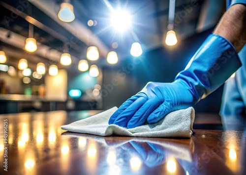 A close-up of a disinfectant wipe being used to clean and sanitize a surface, with a blurred background and a spotlight on the cleaning action.