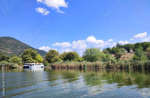 Photo of the island (nisos) of Lake Pamvotida, as you aproach by ferry from the city of Ioannina, Greece.