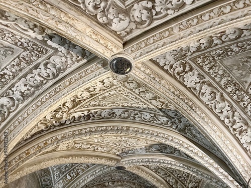 Vaulted and decorative ceiling of interior room, The National Palace of Pena, Sintra, Portugal.