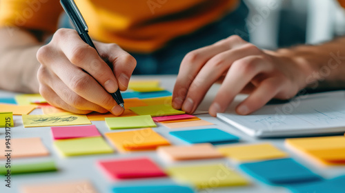 Person writing on colorful sticky notes while organizing ideas and tasks, close-up view of hands and stationery