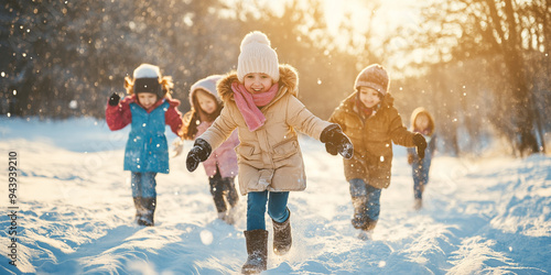 A group of children are playing in the snow, with one of them wearing a pink scarf. The scene is lively and joyful, with the children enjoying their time outdoors in the winter weather