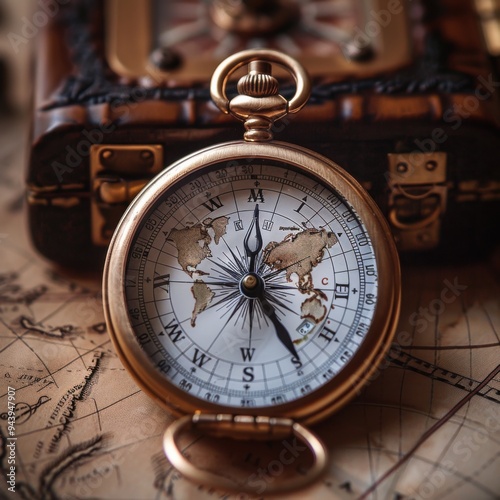 Antique Compass on an Old Nautical Map