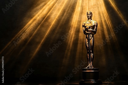 The golden statuette stands under spectacular lighting