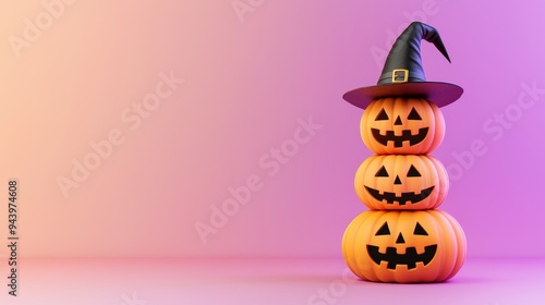 Cheerful Stacked Jack o Lanterns with Witch Hat on Colorful Background