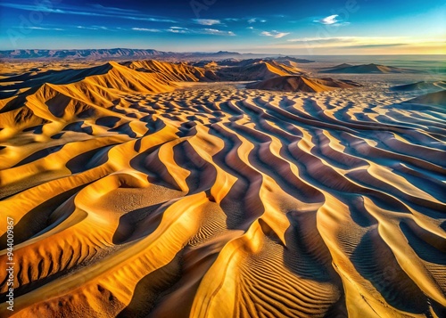 Aerial view of undulating sand dunes in the desert, showcasing a mesmerizing pattern of ridges, troughs, and textures created by wind erosion and natural geological forces.