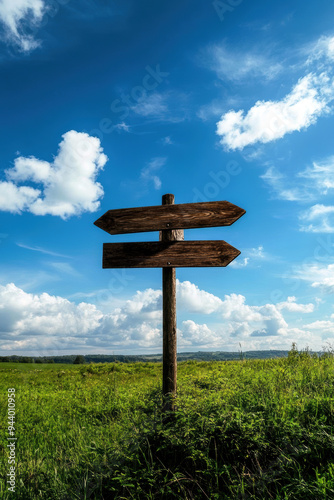 A wooden direction sign stands tall amidst lush greenery, set against a vibrant blue sky with fluffy clouds, symbolizing choices and journeys waiting to be explored.