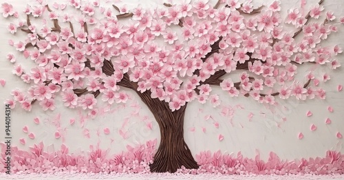 cherry blossom tree painting on with pink flowers, knife oil painting 