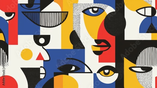 A pattern of abstract faces in a cubist style, with geometric shapes and bold, contrasting colors