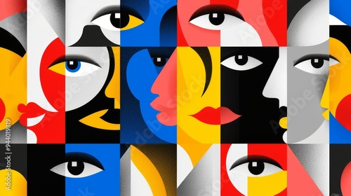 A pattern of abstract faces in a cubist style, with geometric shapes and bold, contrasting colors